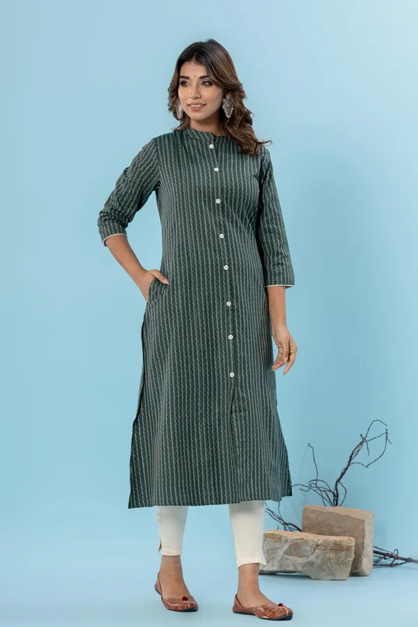 Dark_Green_&_White_&_Beige_Pure_Cotton_Striped_A-line_Kurti_for_Women