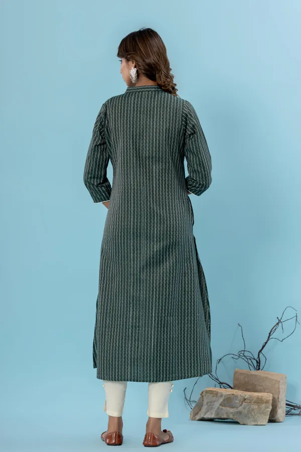 Dark_Green_&_White_&_Beige_Pure_Cotton_Striped_A-line_Kurti_for_Women