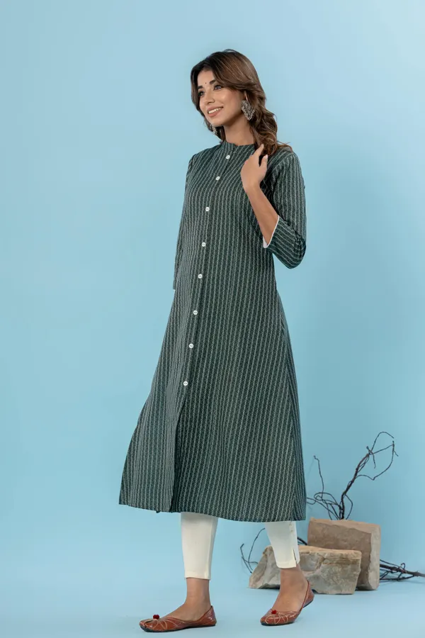 Dark_Green_&_White_&_Beige_Pure_Cotton_Striped_A-line_Kurti_for_Women