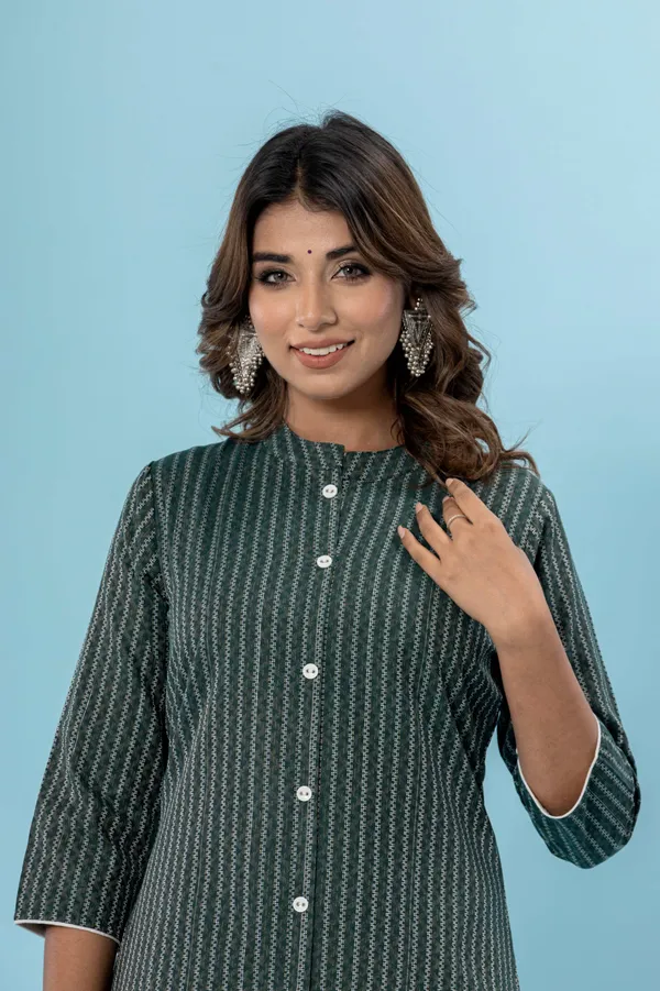 Dark_Green_&_White_&_Beige_Pure_Cotton_Striped_A-line_Kurti_for_Women