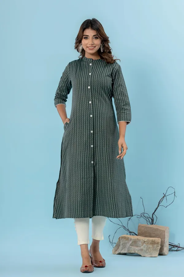 Dark_Green_&_White_&_Beige_Pure_Cotton_Striped_A-line_Kurti_for_Women