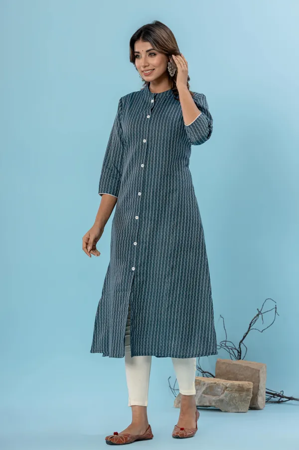 Dark_Blue_&_White_Pure_Cotton_Striped_A-line_Kurti_for_Women