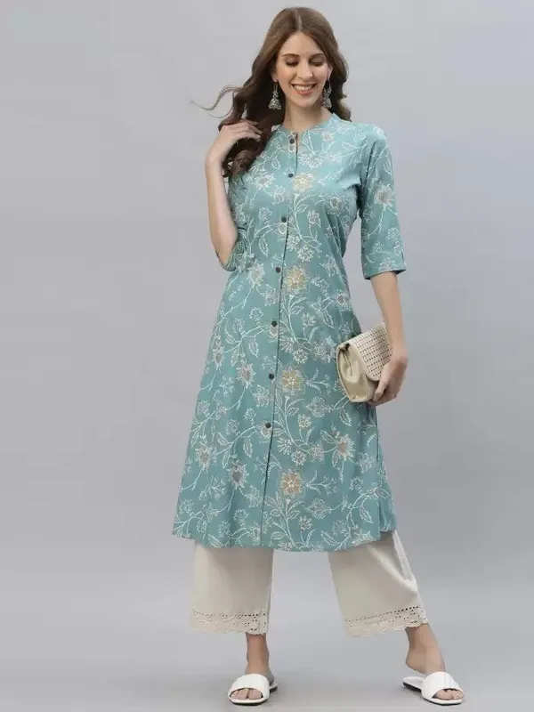 Sky_Blue_Viscose_Rayon_Floral_Print_A-line_Kurti_for_Women