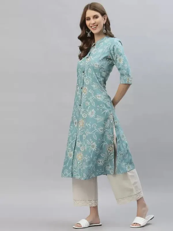 Sky_Blue_Viscose_Rayon_Floral_Print_A-line_Kurti_for_Women