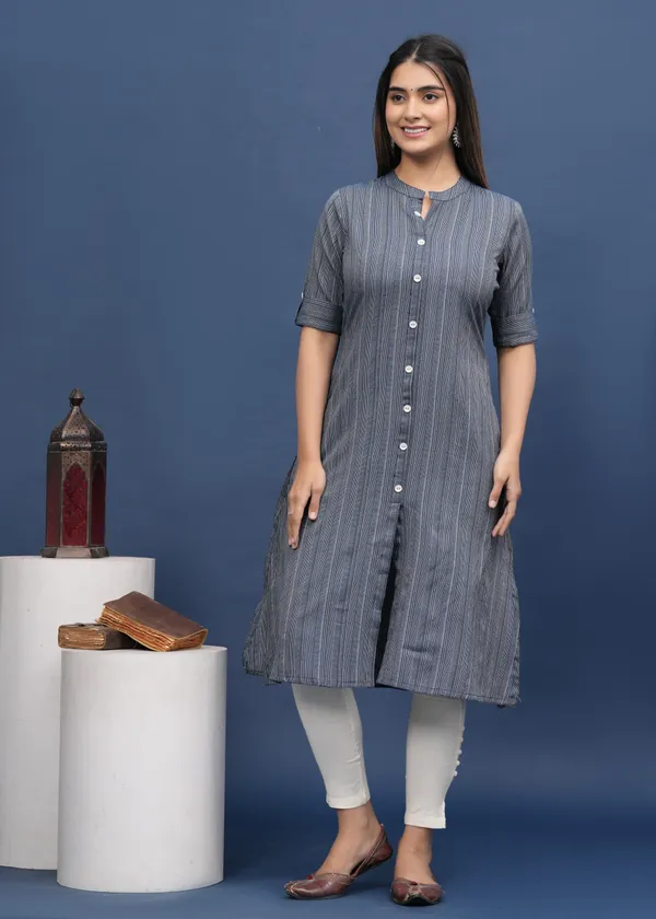 Dark_Blue_Khadi_Cotton_Striped_A-line_Kurti_for_Women