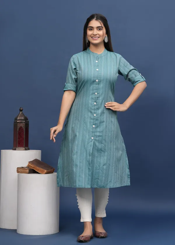 White_&_Light_Blue_Khadi_Cotton_Striped_A-line_Kurti_for_Women