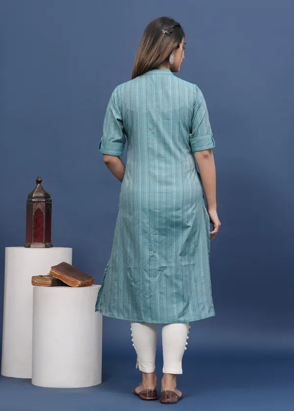 White_&_Light_Blue_Khadi_Cotton_Striped_A-line_Kurti_for_Women