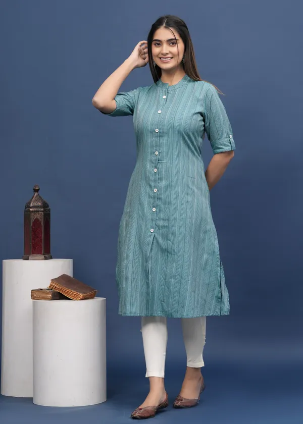 White_&_Light_Blue_Khadi_Cotton_Striped_A-line_Kurti_for_Women