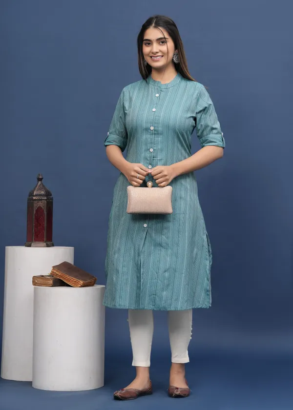 White_&_Light_Blue_Khadi_Cotton_Striped_A-line_Kurti_for_Women