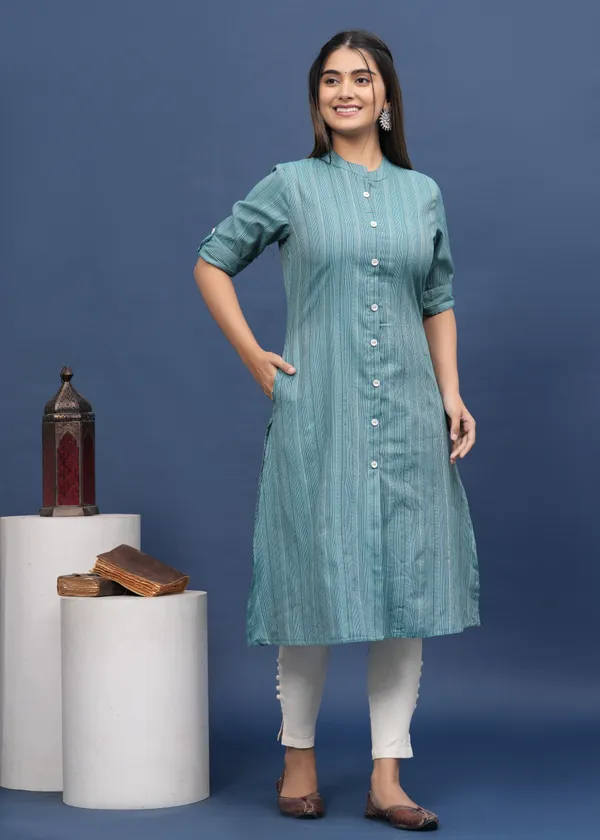 White_&_Light_Blue_Khadi_Cotton_Striped_A-line_Kurti_for_Women