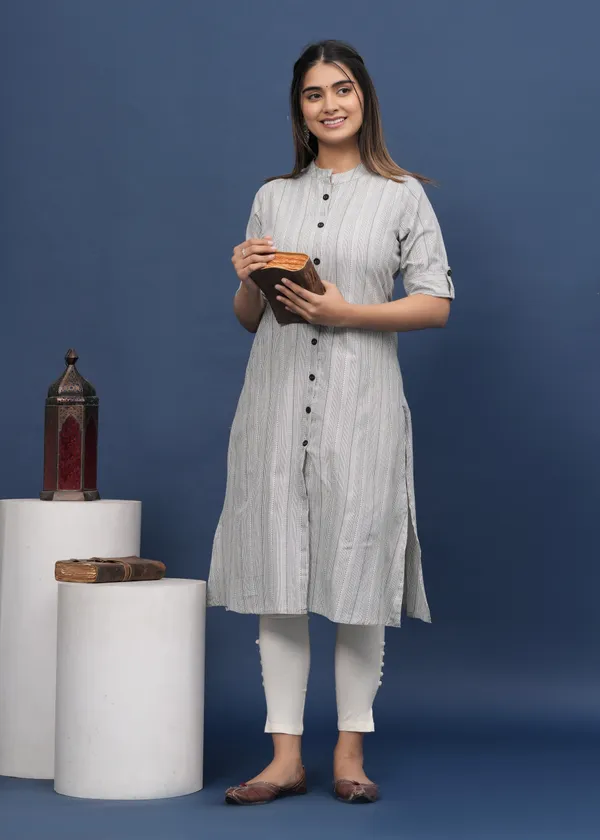 Grey_&_White_Khadi_Cotton_Striped_A-line_Kurti_for_Women