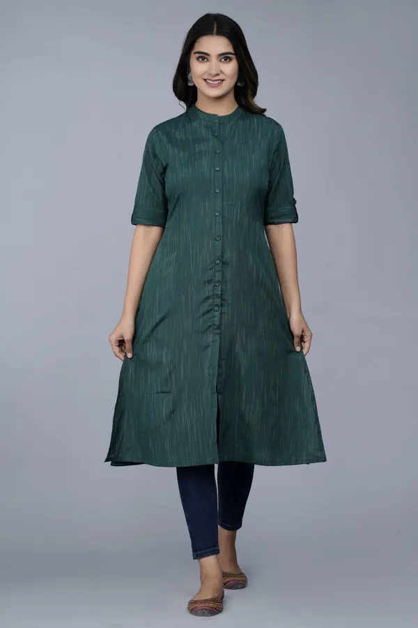 Dark_Green_Khadi_Cotton_Solid_A-line_Kurta_for_Women