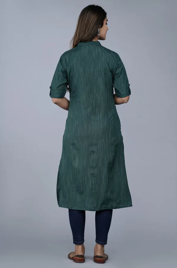 Dark_Green_Khadi_Cotton_Solid_A-line_Kurta_for_Women