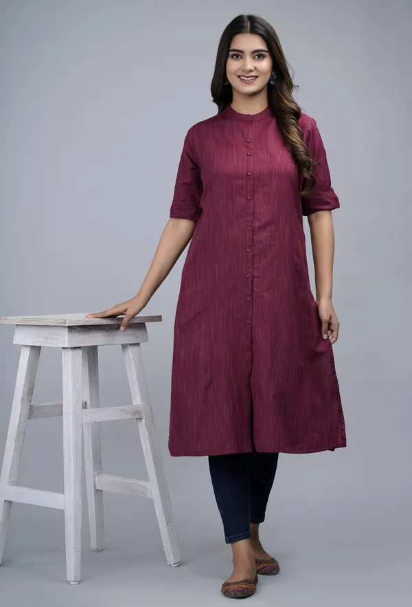 Maroon_Khadi_Cotton_Solid_A-line_Kurta_for_Women