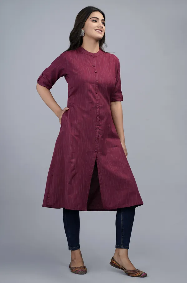Maroon_Khadi_Cotton_Solid_A-line_Kurta_for_Women