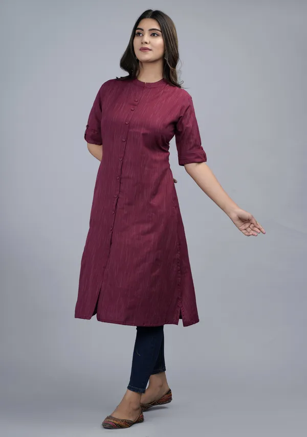Maroon_Khadi_Cotton_Solid_A-line_Kurta_for_Women