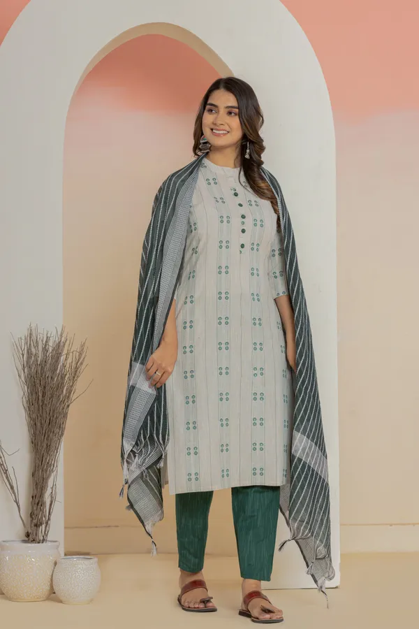 Dark_Green_Khadi_Cotton_Woven_Kurti_Pant_Dupatta_Set_for_Women