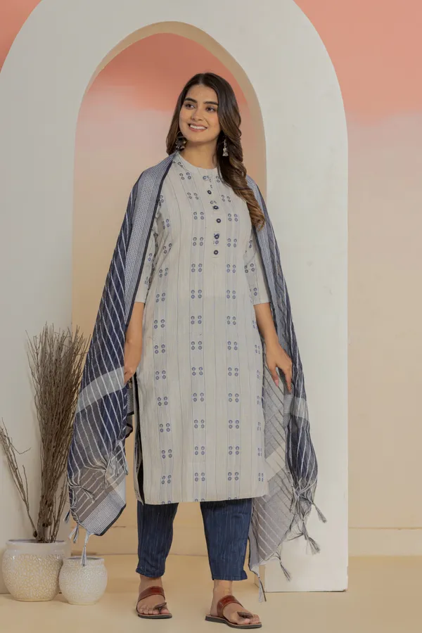 Dark_Blue_&_White_Khadi_Cotton_Woven_Kurti_Pant_Dupatta_Set_for_Women