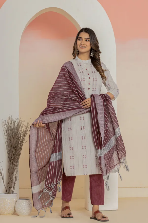 Maroon_&_Grey_Khadi_Cotton_Woven_Kurti_Pant_Dupatta_Set_for_Women
