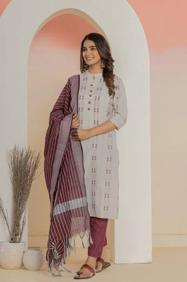 Maroon_&_Grey_Khadi_Cotton_Woven_Kurti_Pant_Dupatta_Set_for_Women