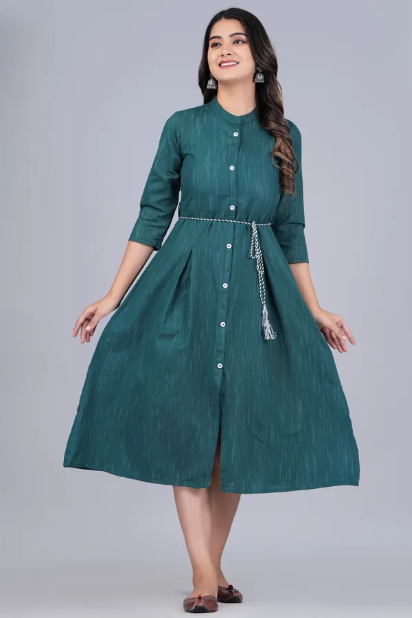 Dark_Green_Khadi_Cotton_Solid_Flared_Kurta_for_Women