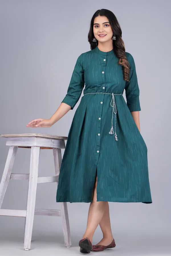 Dark_Green_Khadi_Cotton_Solid_Flared_Kurta_for_Women