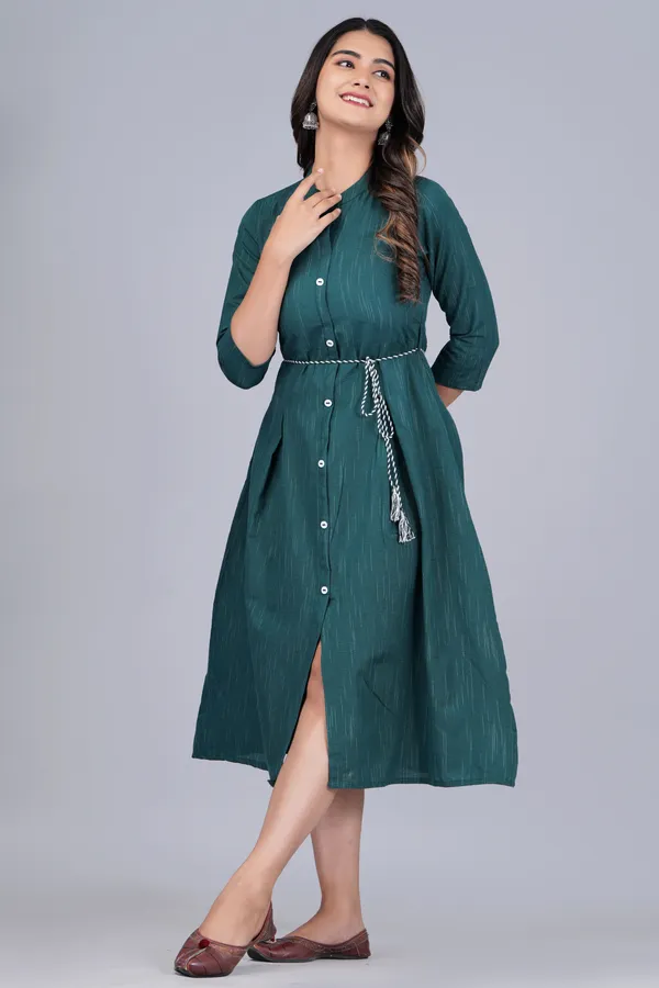 Dark_Green_Khadi_Cotton_Solid_Flared_Kurta_for_Women