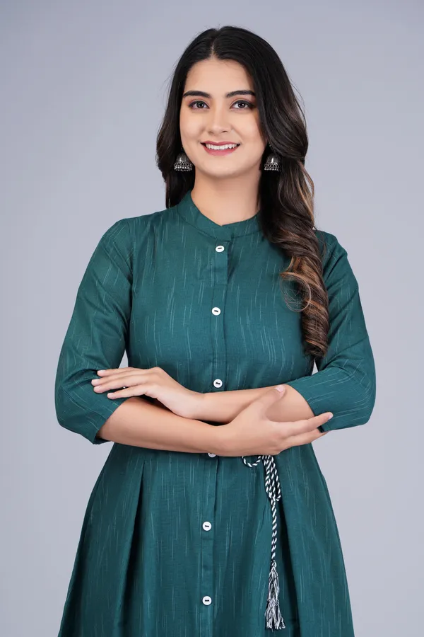 Dark_Green_Khadi_Cotton_Solid_Flared_Kurta_for_Women