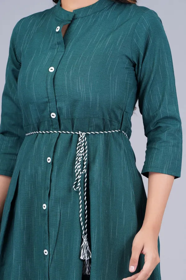 Dark_Green_Khadi_Cotton_Solid_Flared_Kurta_for_Women