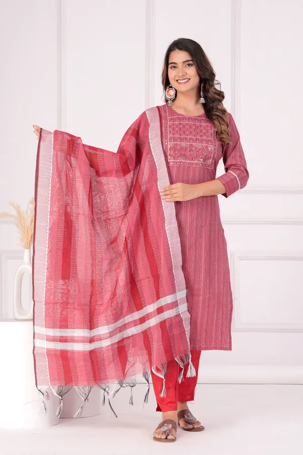 Red_Embroidered,_Printed_Cotton_Kurta,_Trouser/Pant_&_Dupatta_Set