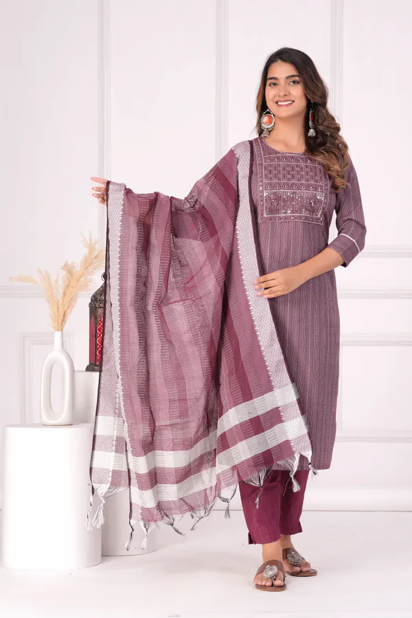 Maroon_Embroidered,_Printed_Cotton_Kurta,_Trouser/Pant_&_Dupatta_Set