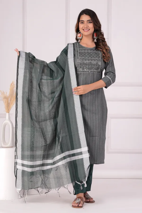 Dark_Green_Embroidered,_Printed_Cotton_Kurta,_Trouser/Pant_&_Dupatta_Set