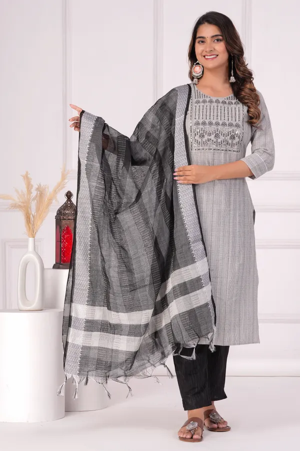 Black_Embroidered,_Printed_Cotton_Kurta,_Trouser/Pant_&_Dupatta_Set