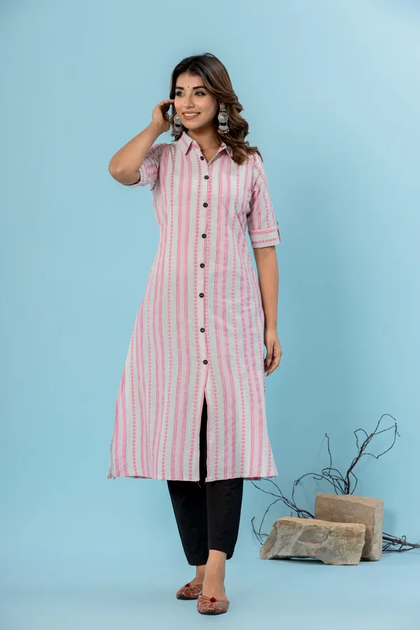 Pink_&_White_&_Grey_Cotton_Blend_Woven_Design_A-line_Kurti_for_Women