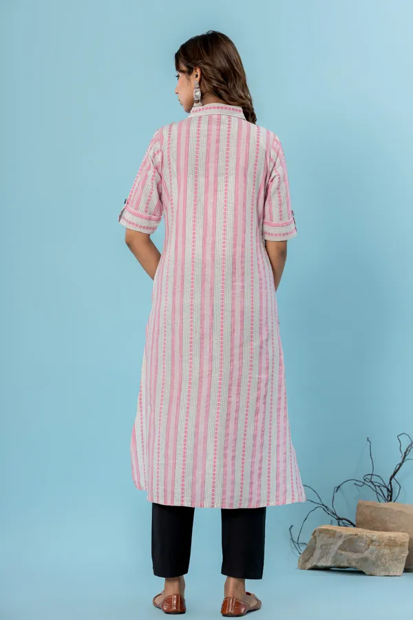 Pink_&_White_&_Grey_Cotton_Blend_Woven_Design_A-line_Kurti_for_Women