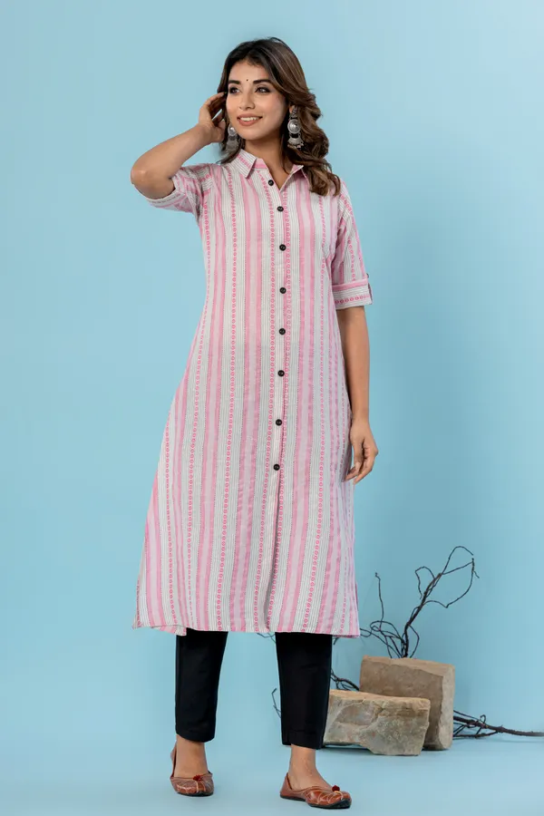 Pink_&_White_&_Grey_Cotton_Blend_Woven_Design_A-line_Kurti_for_Women