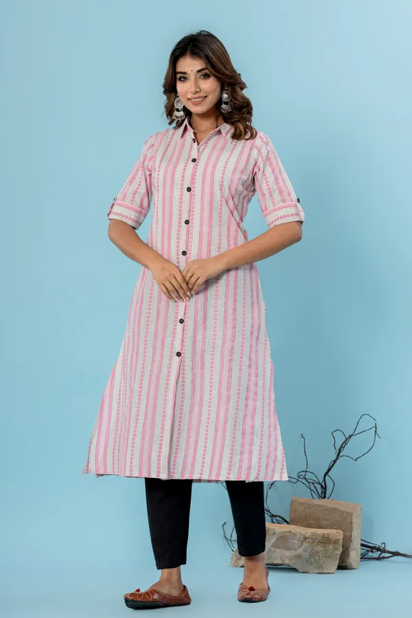 Pink_&_White_&_Grey_Cotton_Blend_Woven_Design_A-line_Kurti_for_Women