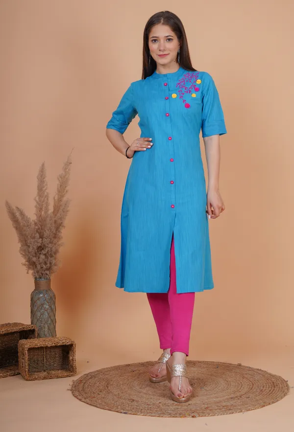 Blue_Khadi_Cotton_Embroidered_A-line_Kurta_for_Women