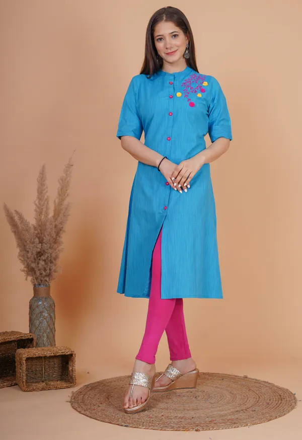 Blue_Khadi_Cotton_Embroidered_A-line_Kurta_for_Women