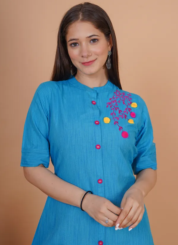 Blue_Khadi_Cotton_Embroidered_A-line_Kurta_for_Women