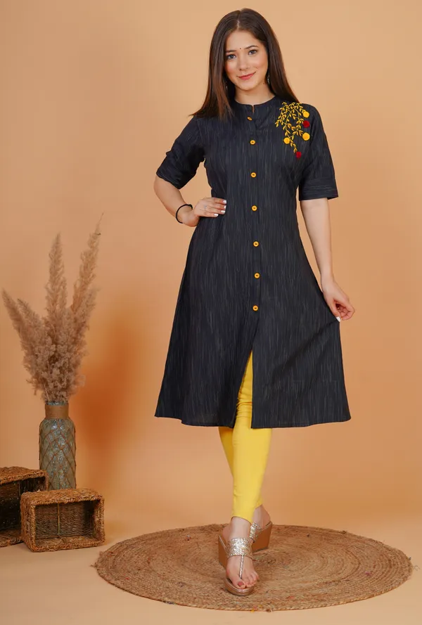 Black_Khadi_Cotton_Embroidered_A-line_Kurta_for_Women