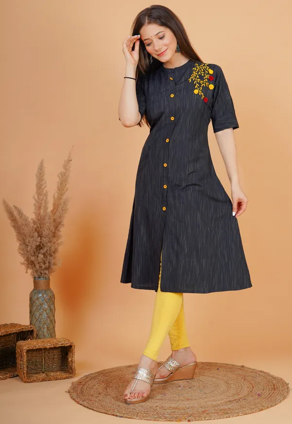 Black_Khadi_Cotton_Embroidered_A-line_Kurta_for_Women