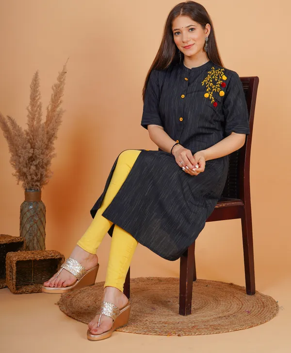 Black_Khadi_Cotton_Embroidered_A-line_Kurta_for_Women