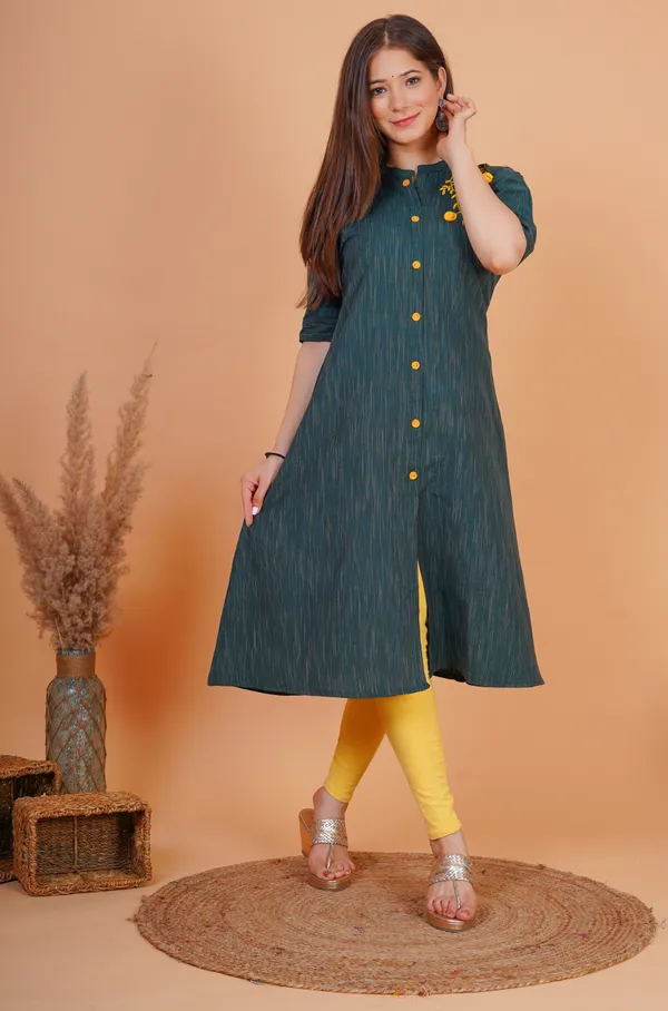 Dark_Green_&_Yellow_&_Red_Khadi_Cotton_Embroidered_A-line_Kurta_for_Women