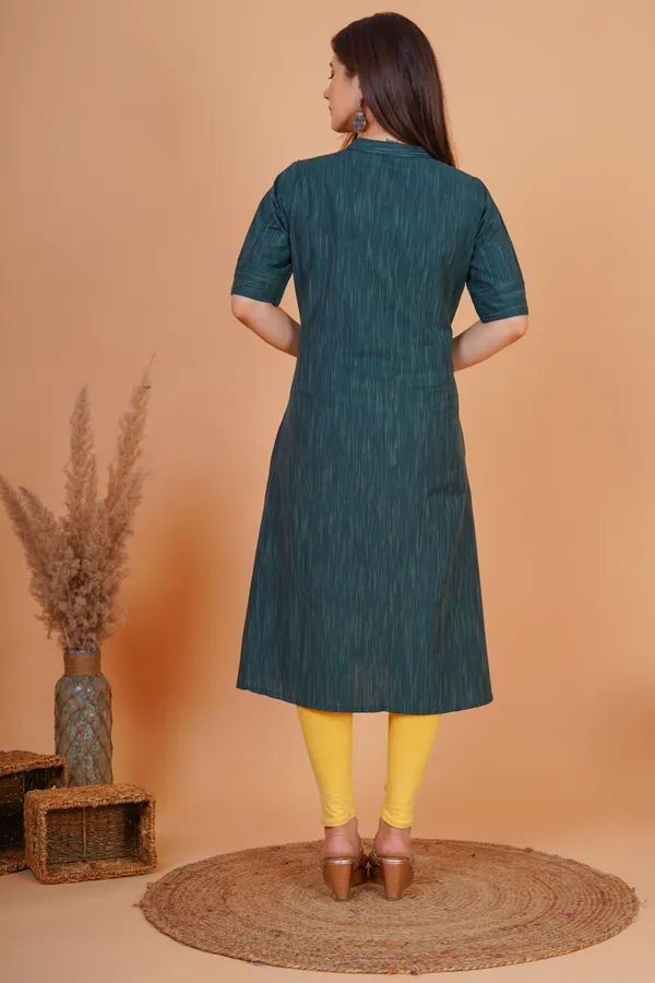 Dark_Green_&_Yellow_&_Red_Khadi_Cotton_Embroidered_A-line_Kurta_for_Women