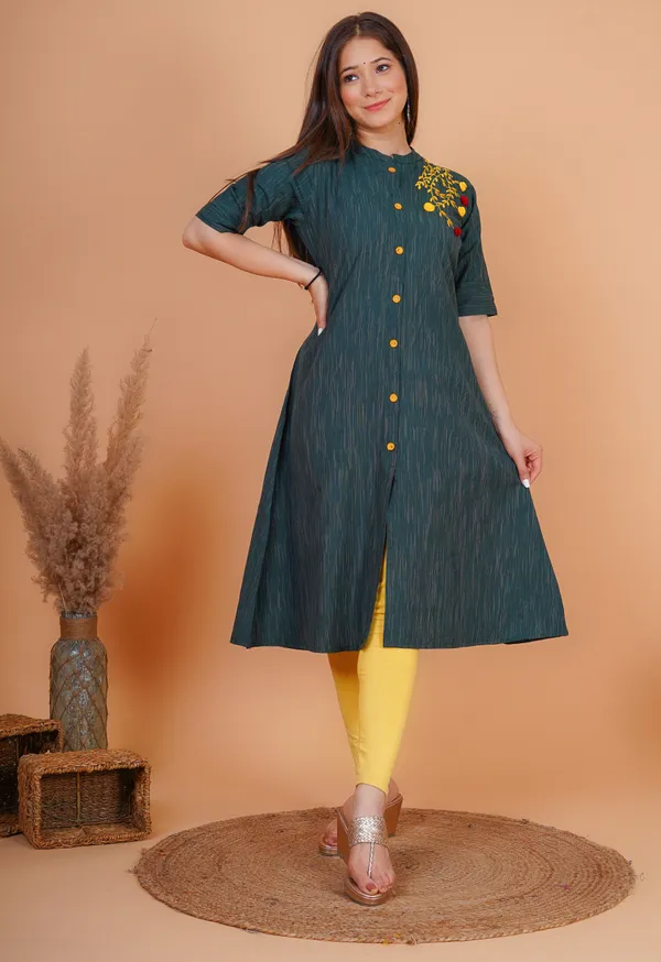 Dark_Green_&_Yellow_&_Red_Khadi_Cotton_Embroidered_A-line_Kurta_for_Women