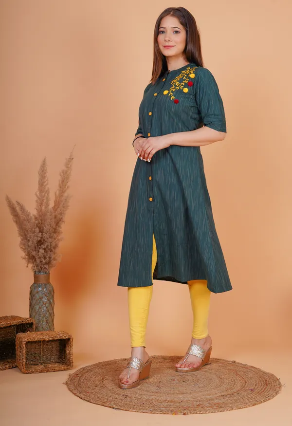 Dark_Green_&_Yellow_&_Red_Khadi_Cotton_Embroidered_A-line_Kurta_for_Women