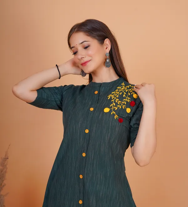 Dark_Green_&_Yellow_&_Red_Khadi_Cotton_Embroidered_A-line_Kurta_for_Women