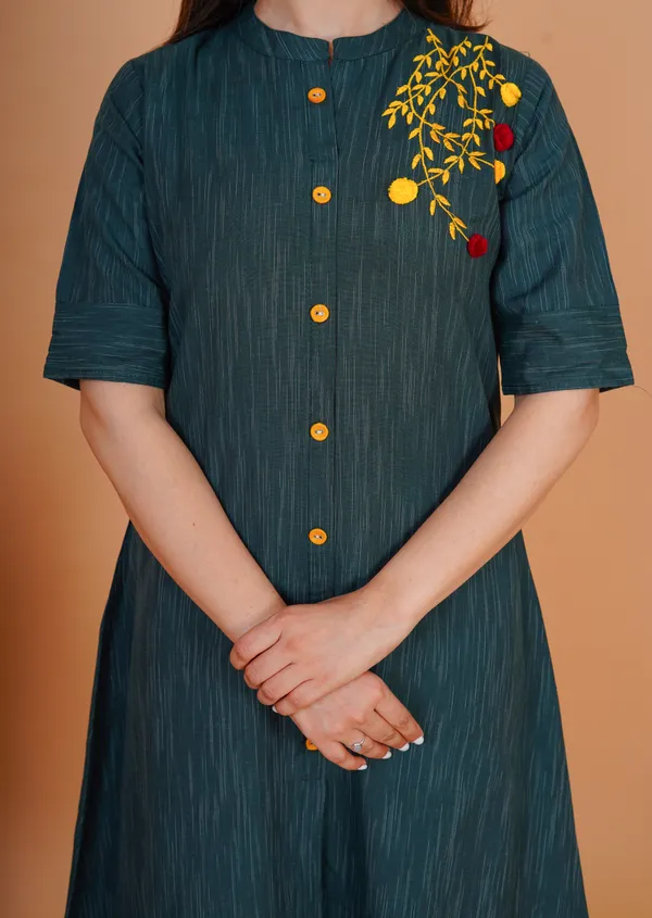 Dark_Green_&_Yellow_&_Red_Khadi_Cotton_Embroidered_A-line_Kurta_for_Women