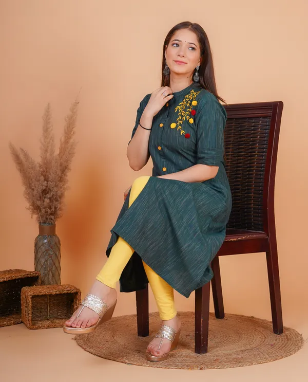 Dark_Green_&_Yellow_&_Red_Khadi_Cotton_Embroidered_A-line_Kurta_for_Women